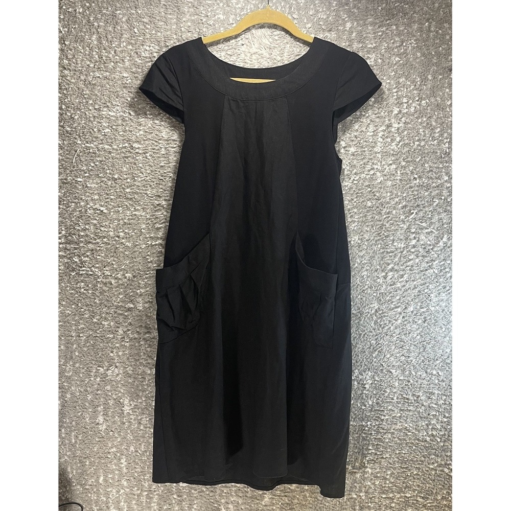 For Cynthia Linen Blend Black Shift Dress Small Pockets Coastal Preppy